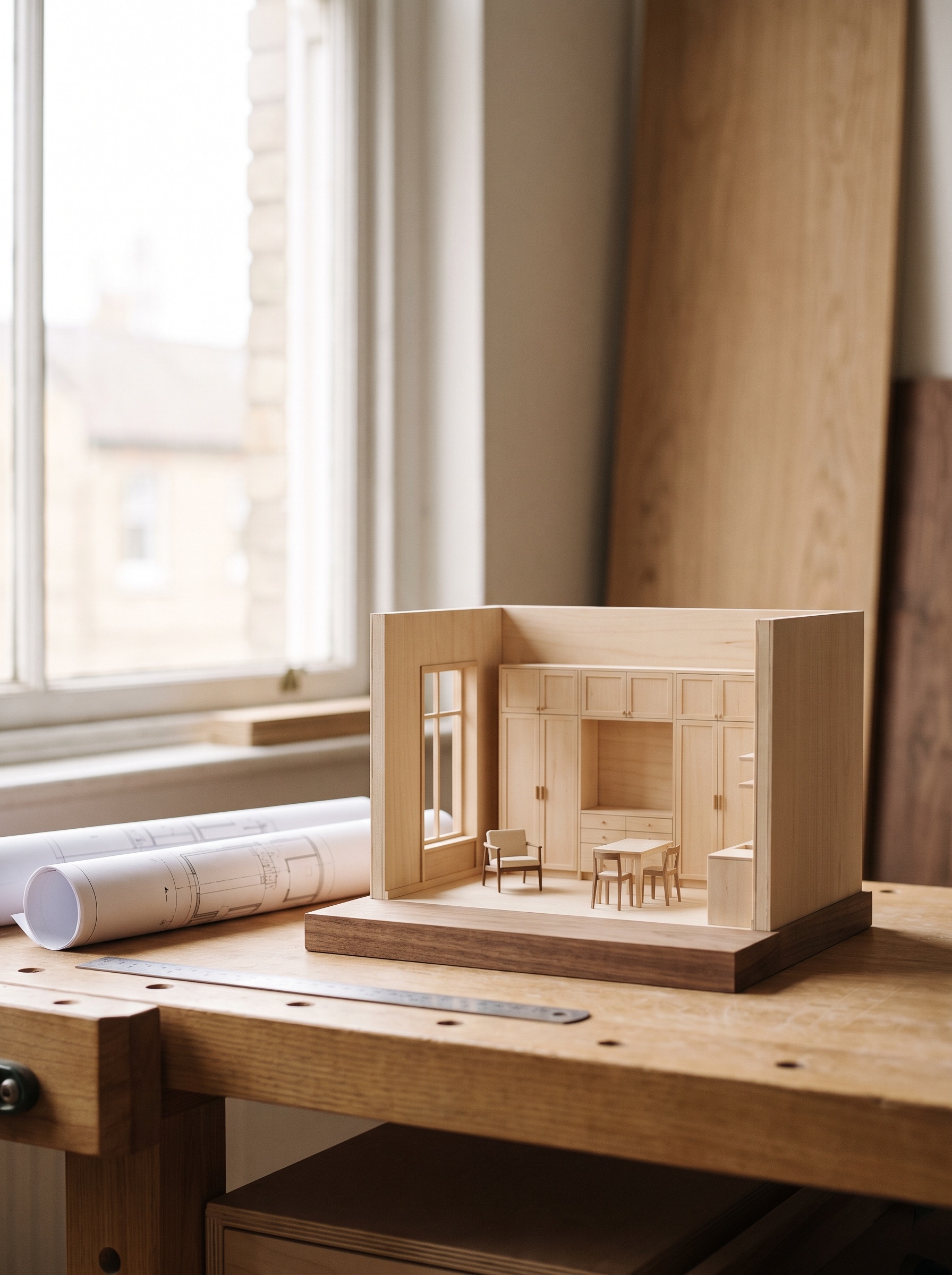 Architekturmodell eines maßgefertigten Interiors mit Einbauten und Miniaturmöbeln auf der Werkbank, daneben zusammengerollte Werkpläne